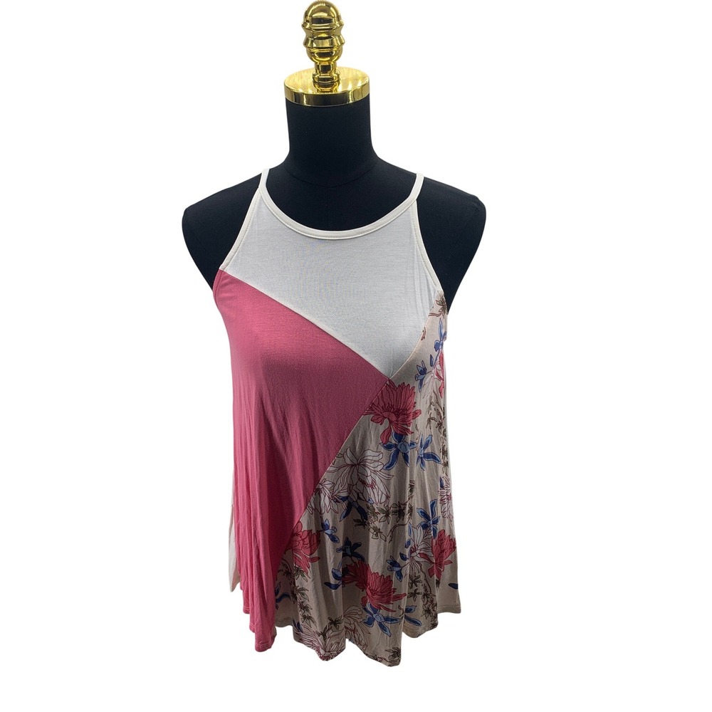 e.Luna Womens‎ Floral Colorblock Halter Tank Top Pink White Small TUM2569